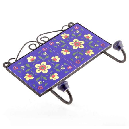 Navy Blue Yellow Floral Tiles Hooks